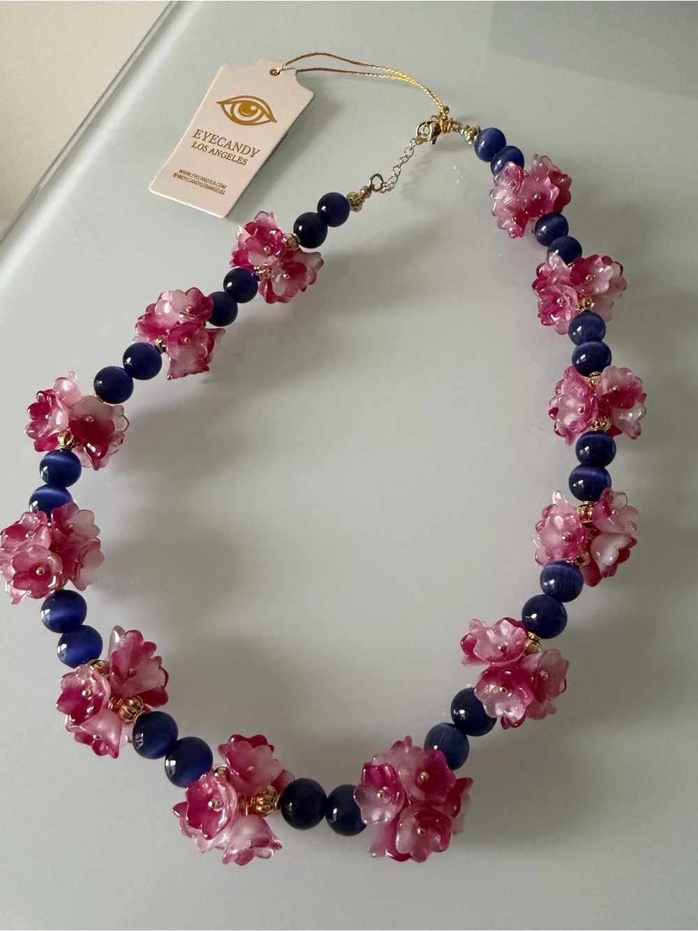 Beaded Pink Floral cluster blue Necklace